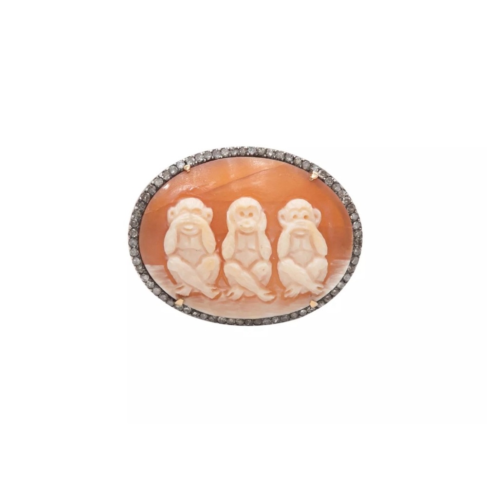 Sterling Silver Miller Pave Diamond & Carved ShellMonkey Cameo Coctail Ring .
